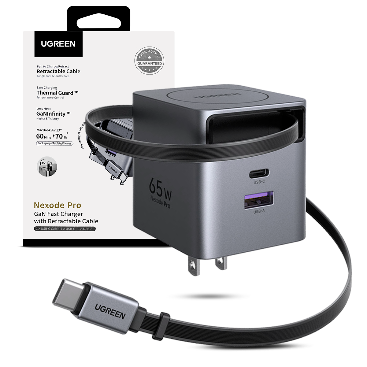 Cargador Ugreen 65W Cable Retractil X615