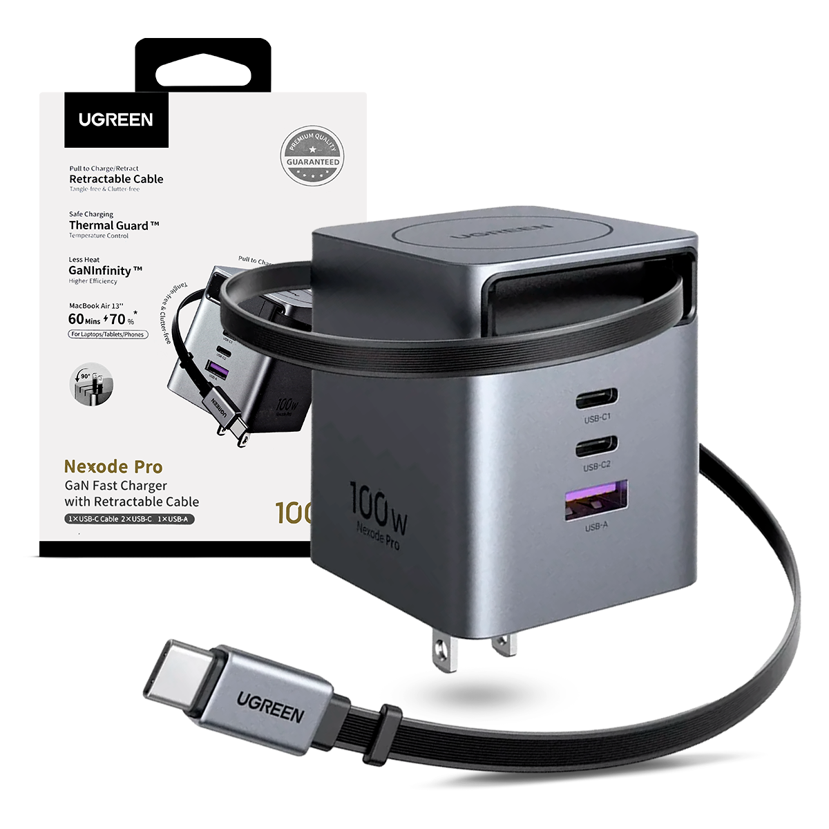Cargador Ugreen 100W Cable Retractil X616