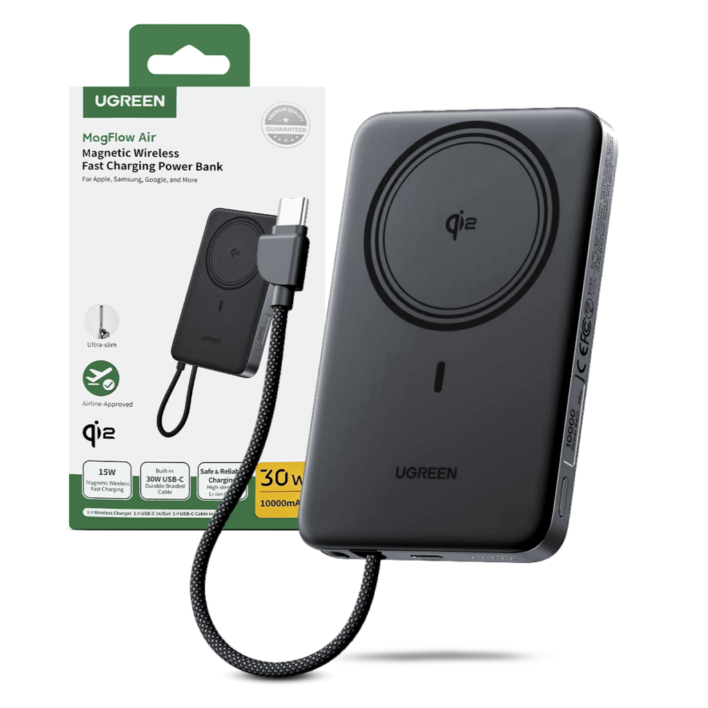 Power Bank Ugreen Magflow Qi2 10000 mAh con Cable PB570 Gris